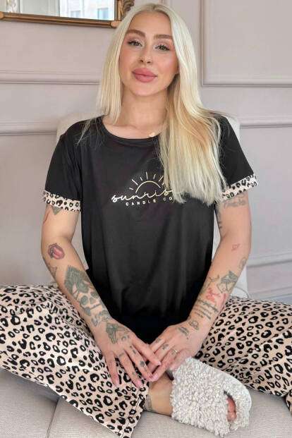 Siyah Sunshine Desenli Bambu Kısa Kol Kadın Pijama Takımı - Pijamaevi