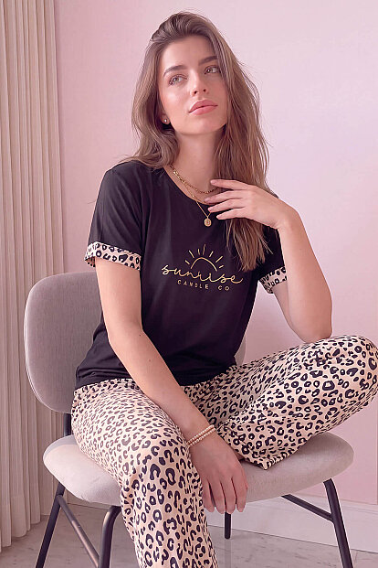 Siyah Sunshine Desenli Bambu Kısa Kol Kadın Pijama Takımı - Pijamaevi