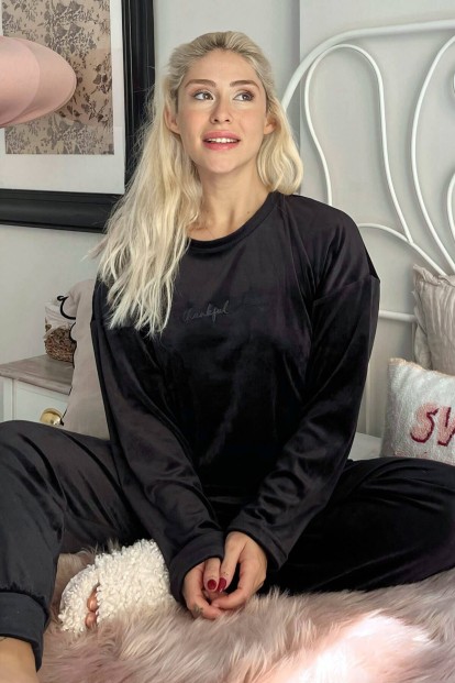 Siyah Thankful Desenli Exclusive Kadife Kadın Pijama Takımı  - Pijamaevi