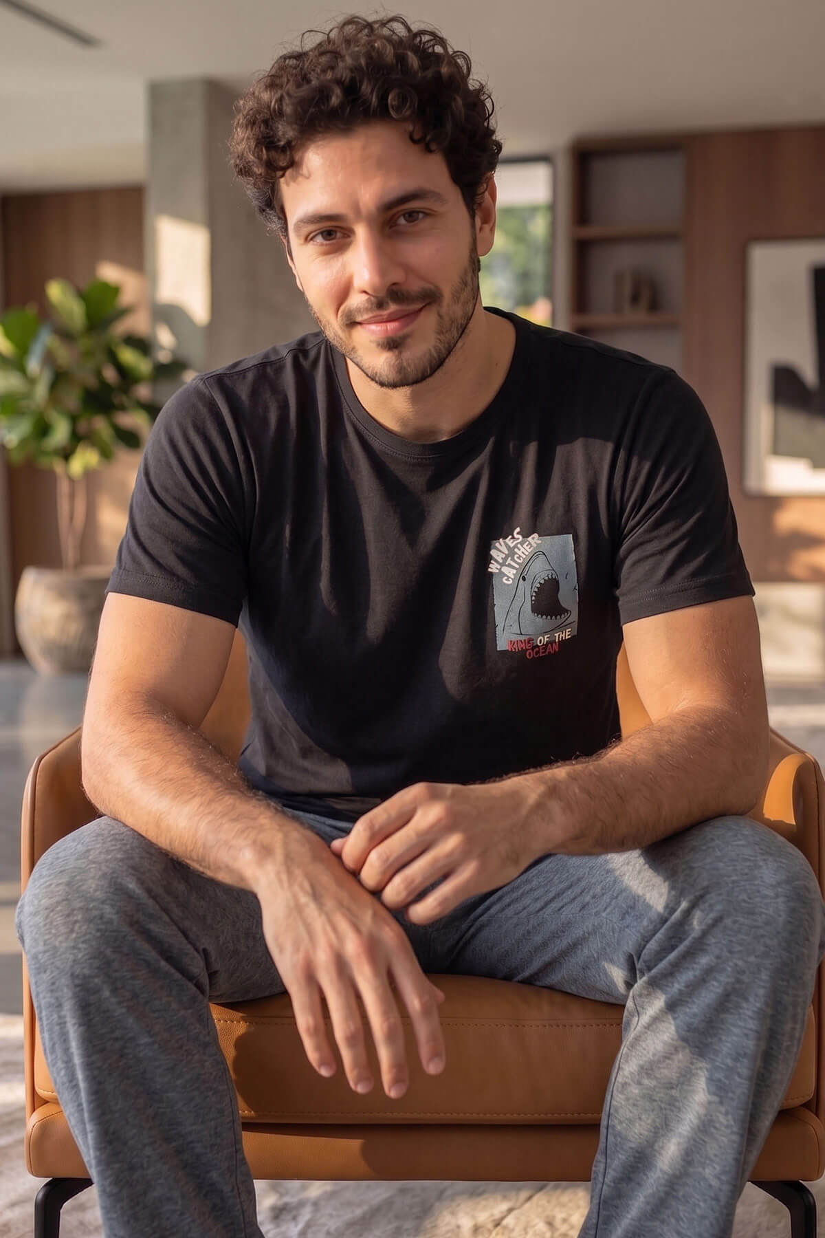 Siyah Waves Desenli Kısa Kollu Erkek Pijama Takımı