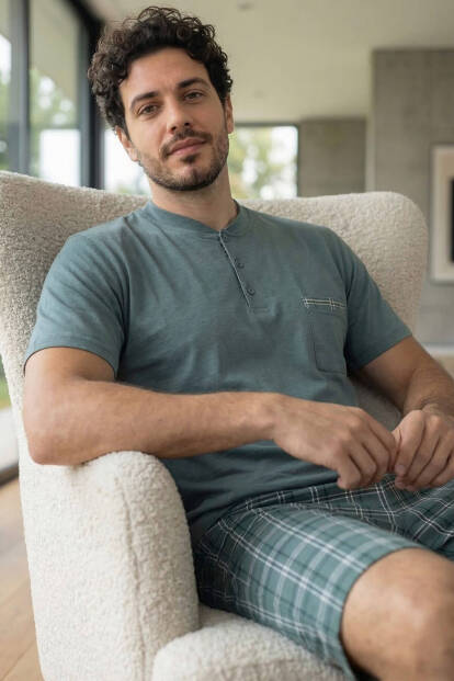 Slate Plaid Şortlu Pat Detaylı Elegant Erkek Pijama Takımı - Pijamaevi