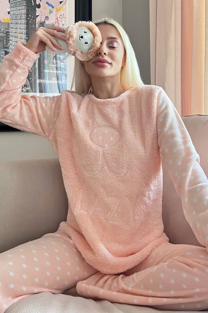 Somon Lazy Desenli Kadın Peluş Pijama Takımı - Pijamaevi