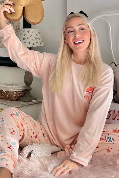 Somon Macaron Desenli Exclusive Kadife Kadın Pijama Takımı  - Pijamaevi