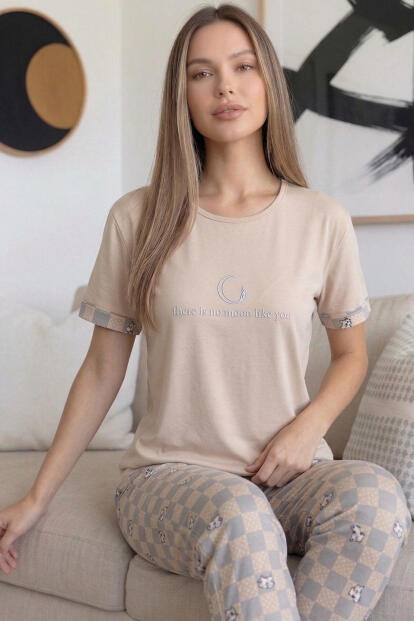 Somon Moon Desenli Bambu Kısa Kol Kadın Pijama Takımı - Pijamaevi