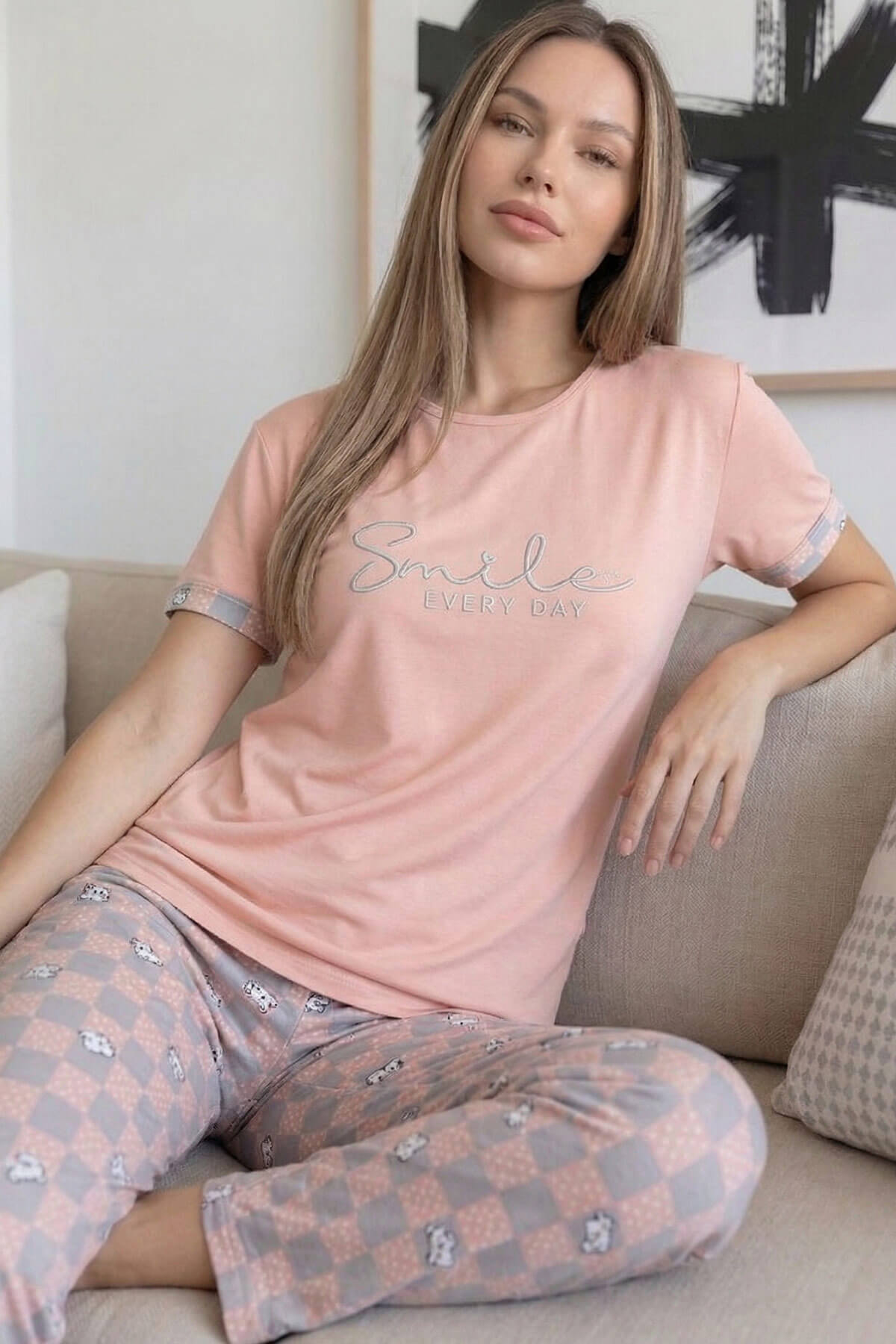 Somon Smile Desenli Bambu Kısa Kol Kadın Pijama Takımı