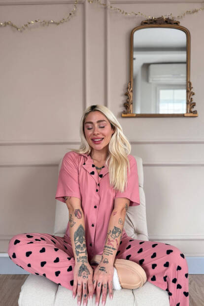 Somon Soft Charm Desenli Bambu Önden Düğmeli Kısa Kol Pijama Takımı - Pijamaevi (1)