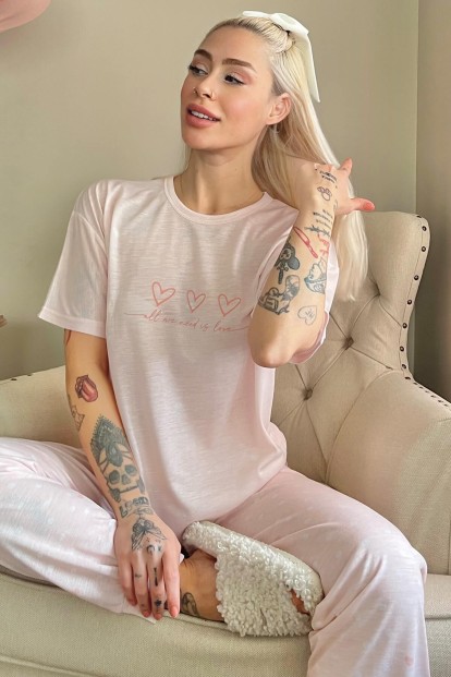 Somon Three Heart Baskılı Örme Kısa Kollu Kadın Pijama Takımı - Pijamaevi