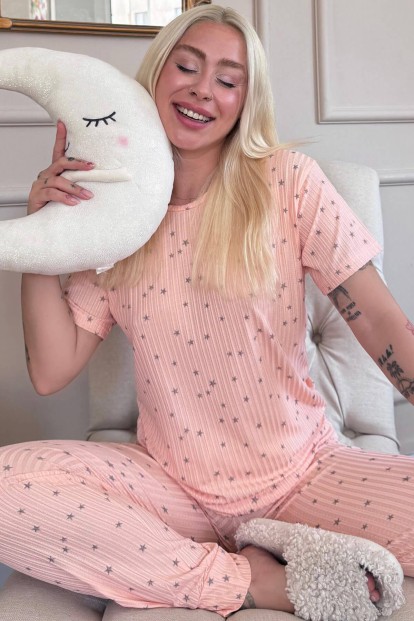 Somon Yıldız Desenli Kısa Kol Örme Zincir Kadın Pijama Takımı - Pijamaevi