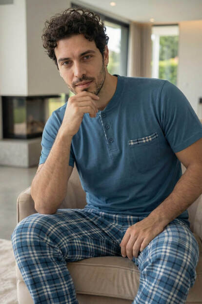 Steel Blue Kısa Kollu Cep Detaylı Elegant Erkek Pijama Takımı - Pijamaevi