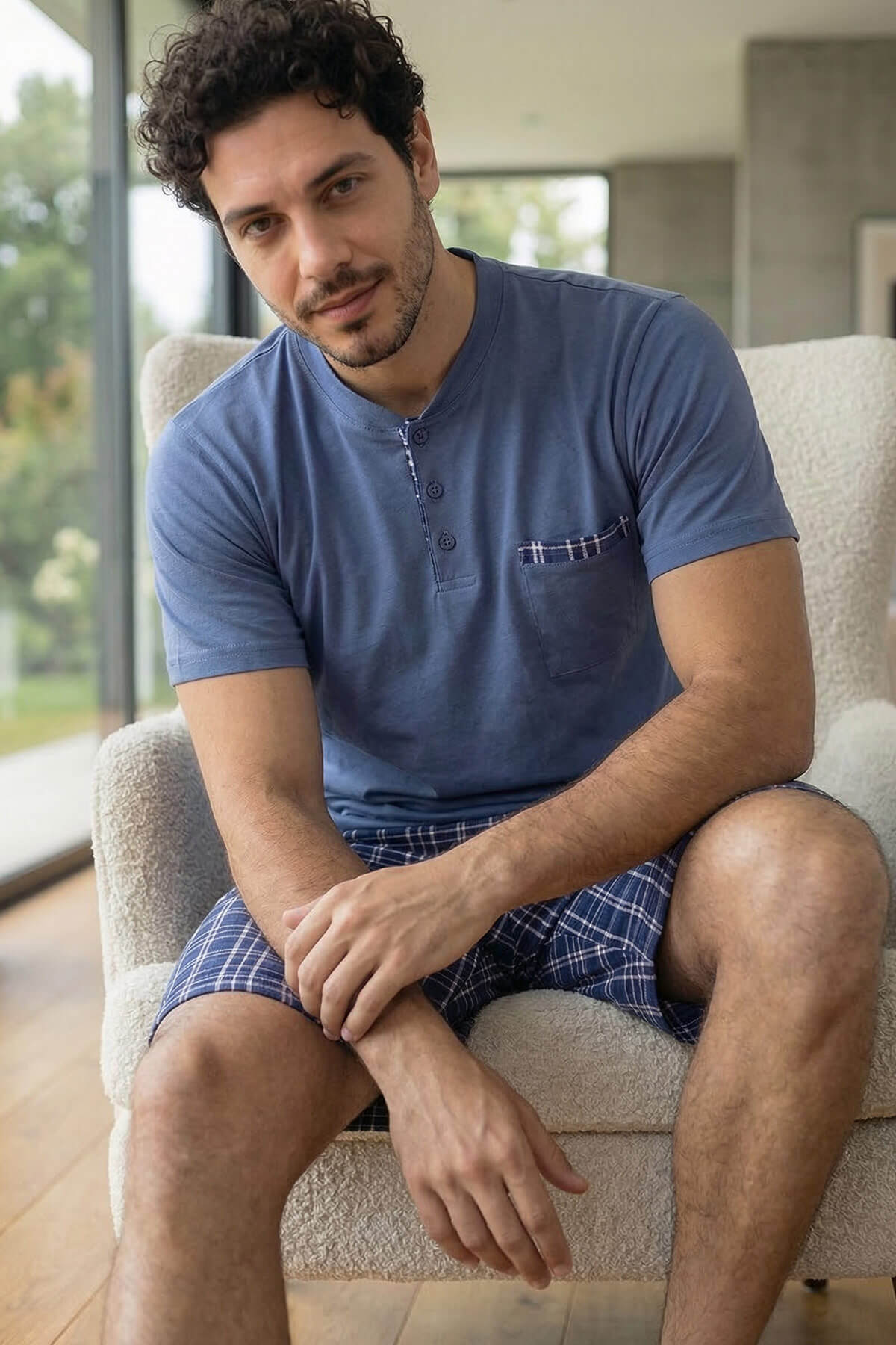 Steel Blue  Şortlu Pat Detaylı Elegant Erkek Pijama Takımı
