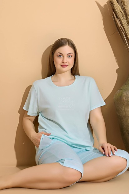 Su Yeşili Crazy Baskılı Kapri Büyük Beden Battal Pijama Takımı - Pijamaevi