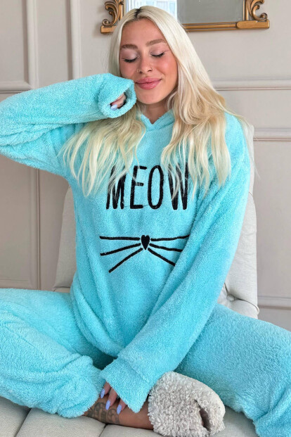 Su Yeşili Meow Desenli Tam Peluş Pijama Takımı - Pijamaevi
