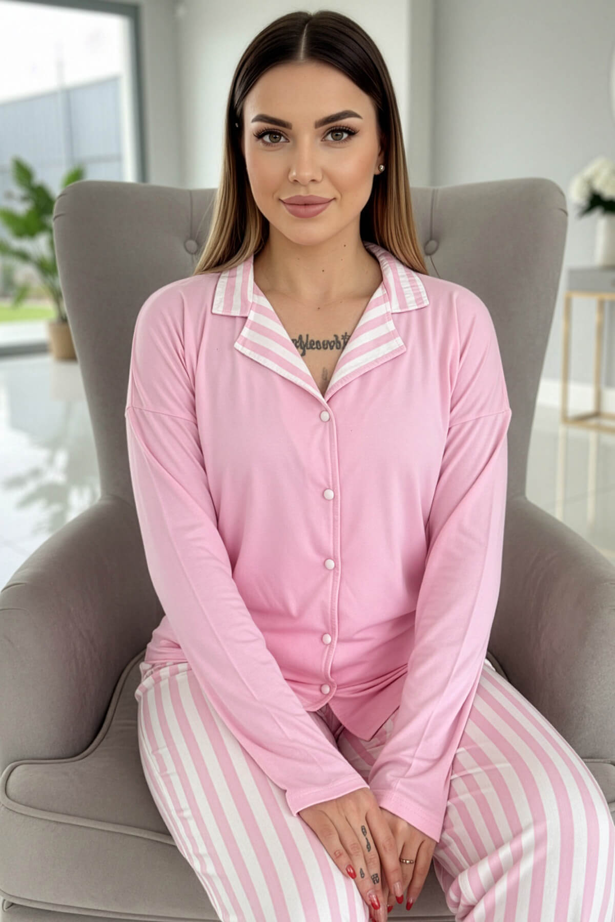 Toz Pembe Çizgi Desenli Bambu Önden Düğmeli Uzun Kol Kadın Pijama Takımı