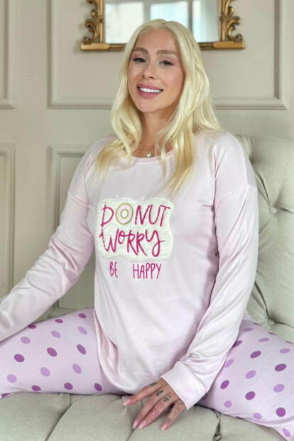 Toz Pembe Donut Worry Desenli Termal Kadın Pijama Takımı - Pijamaevi