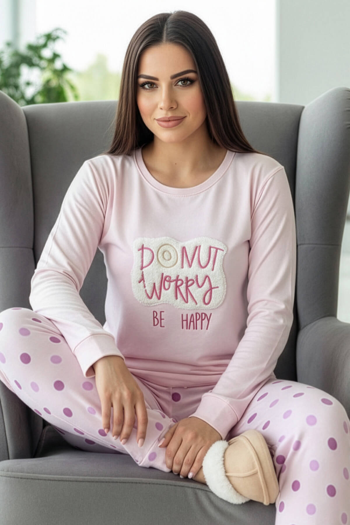 Toz Pembe Donut Worry Desenli Termal Kadın Pijama Takımı
