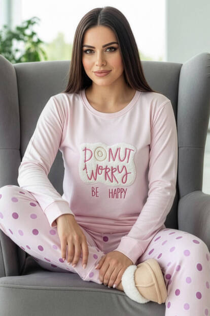 Toz Pembe Donut Worry Desenli Termal Kadın Pijama Takımı - Pijamaevi
