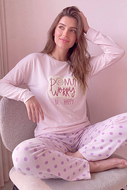 Toz Pembe Donut Worry Desenli Termal Kadın Pijama Takımı - Pijamaevi