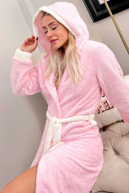 Toz Pembe Dreaming Desenli Kapşonlu Peluş Kadın Sabahlık - Pijamaevi