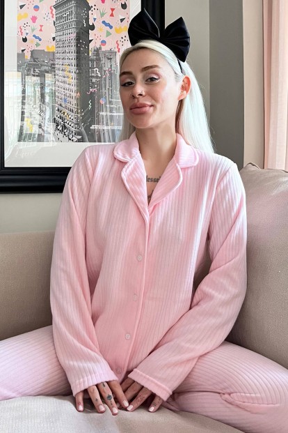 Toz Pembe Düz Önden Düğmeli Peluş Polar Pijama Takımı - Pijamaevi