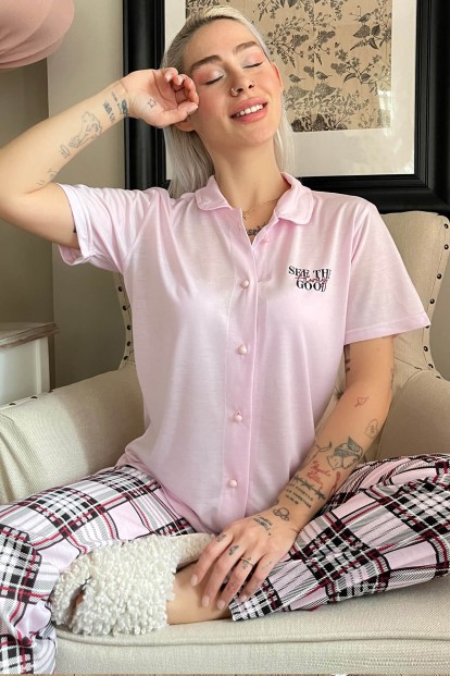 Toz Pembe Good Baskılı Örme Önden Düğmeli Kısa Kol Kadın Pijama - Pijamaevi