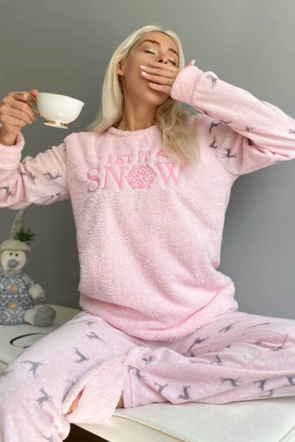 Toz Pembe Let it Snow Desenli Kadın Peluş Pijama Takımı - Pijamaevi