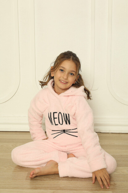 Toz Pembe Meow Desenli Tam Peluş Kız Çocuk Pijama Takımı - Pijamaevi (1)