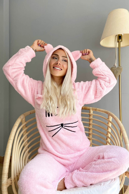 Toz Pembe Meow Desenli Tam Peluş Pijama Takımı - Pijamaevi (1)