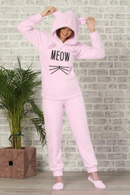 Toz Pembe Meow Desenli Tam Peluş Pijama Takımı - Pijamaevi (1)