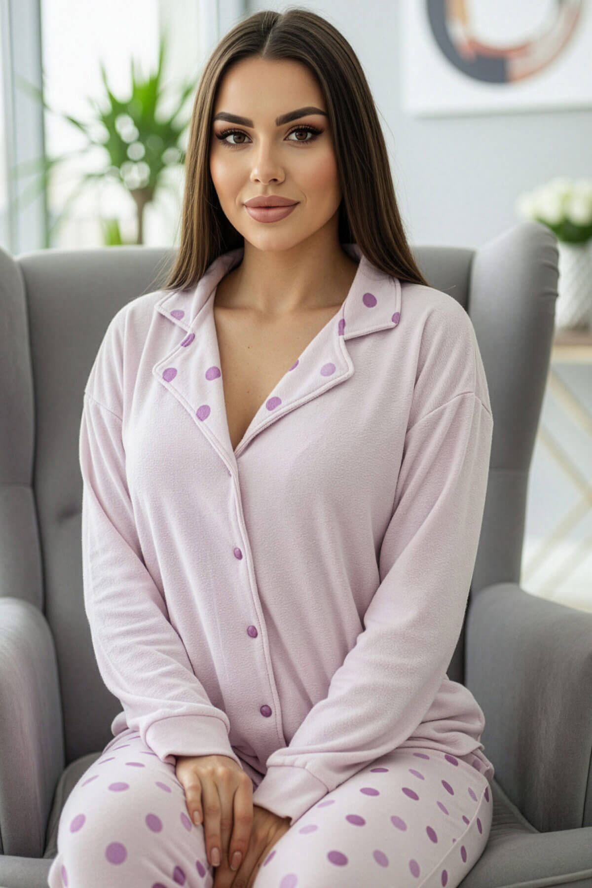 Toz Pembe Puan Desenli Termal Önden Düğmeli Uzun Kollu Kadın Pijama Takımı