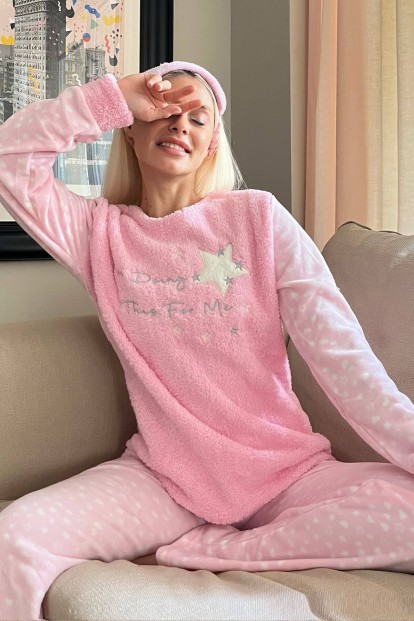 Toz Pembe This For Me Desenli Kadın Peluş Pijama Takımı - Pijamaevi