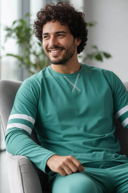 Turkuaz Line Desenli Stylish Erkek Uzun Kol Pijama Takımı - Pijamaevi