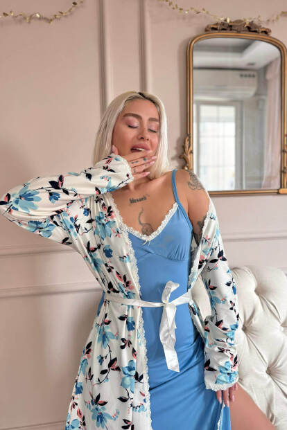 Turkuaz Soft Breeze Exclusive Örme Sabahlıklı Gecelik Kadın Pijama Takımı - Pijamaevi (1)