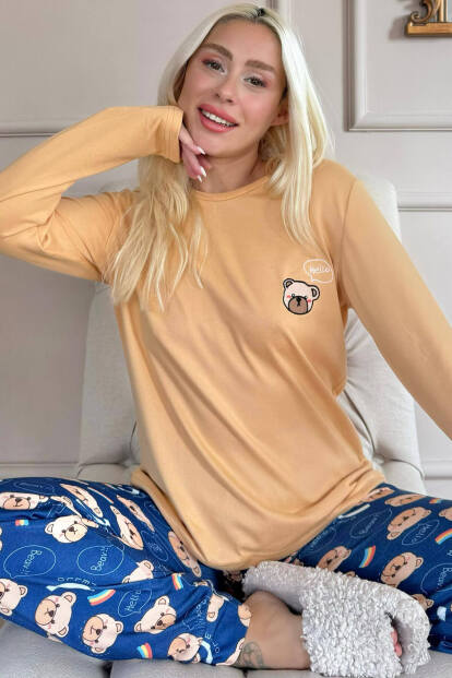 Turuncu Bear Desenli Termal Kadın Pijama Takımı - Pijamaevi