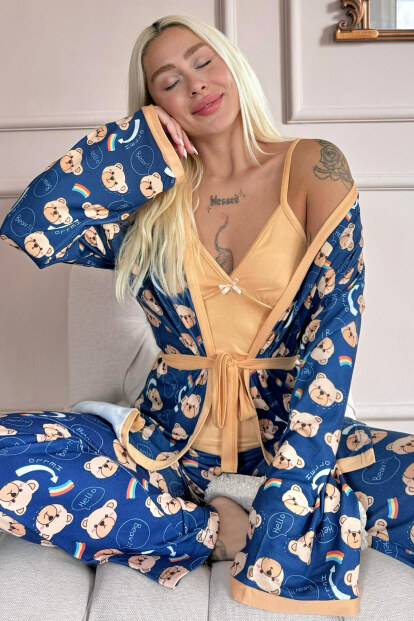Turuncu Bear Desenli Termal Sabahlıklı Kadın Pijama Takımı - Pijamaevi