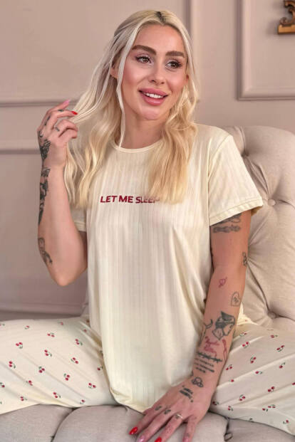 Vanilya Let Me Sleep Desenli Kısa Kollu Marlenka Kadın Pijama Takımı - Pijamaevi