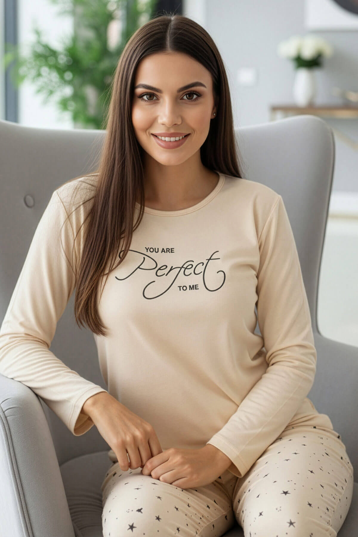 Vanilya Perfect Desenli Uzun Kollu Bambu Örme Kadın Pijama Takımı