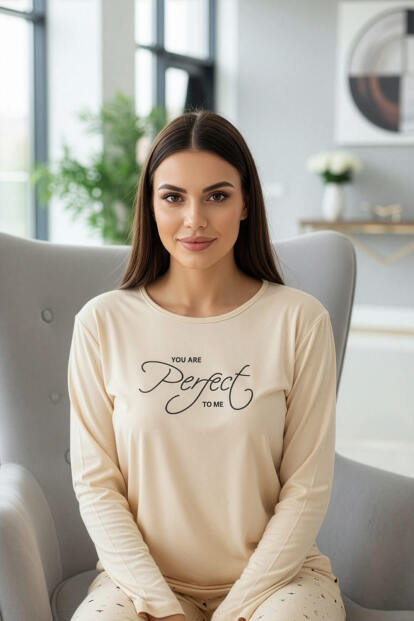 Vanilya Perfect Desenli Uzun Kollu Bambu Örme Kadın Pijama Takımı - Pijamaevi (1)