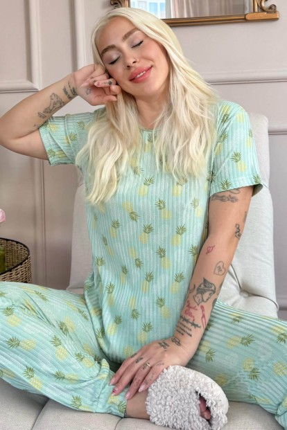 Yeşil Ananas Desenli Kısa Kol Örme Zincir Kadın Pijama Takımı - Pijamaevi