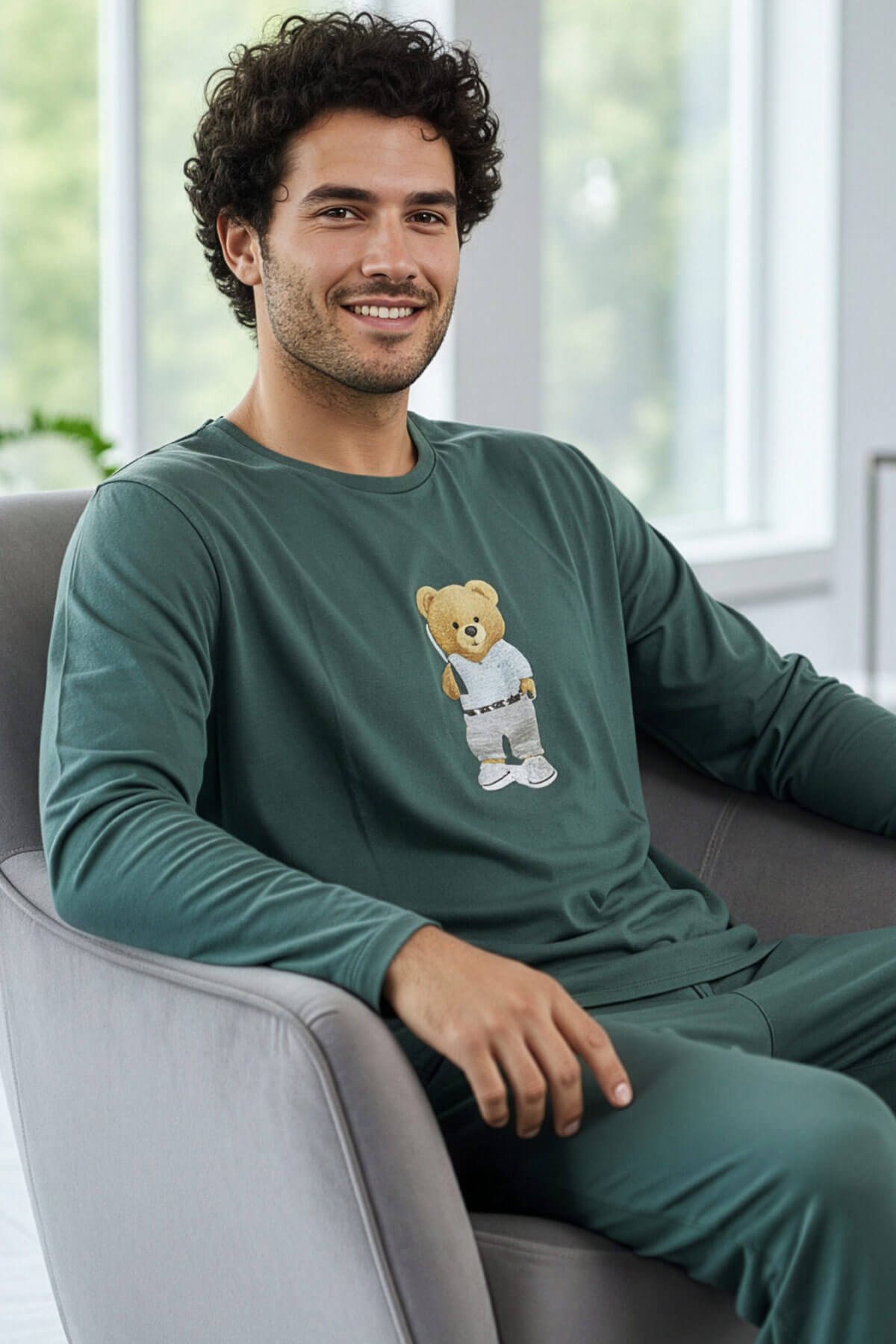 Yeşil Bear Desenli Stylish Erkek Uzun Kol Pijama Takımı