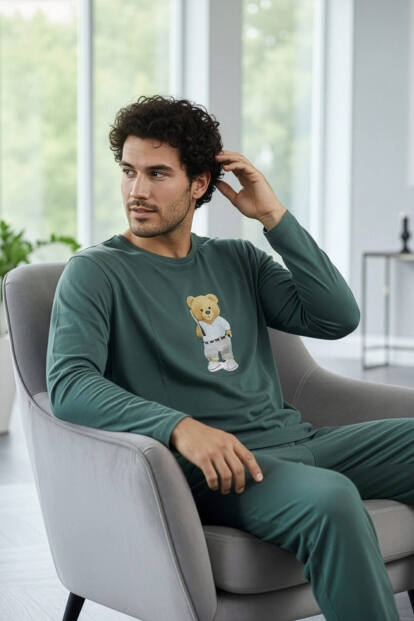 Yeşil Bear Desenli Stylish Erkek Uzun Kol Pijama Takımı - Pijamaevi (1)