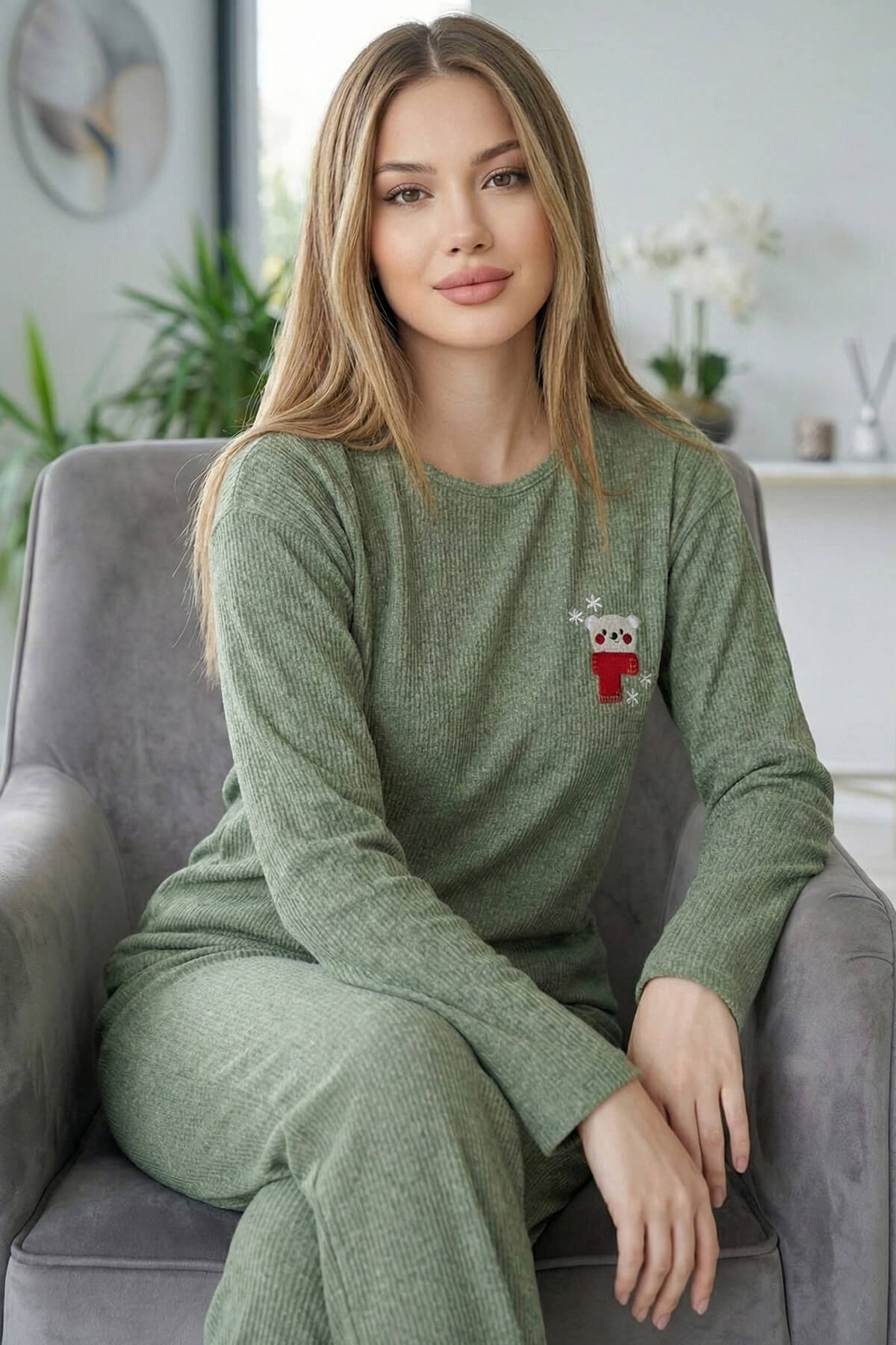 Yeşil Bear Desenli Uzun Kollu Seul Örme Kadın Pijama Takımı
