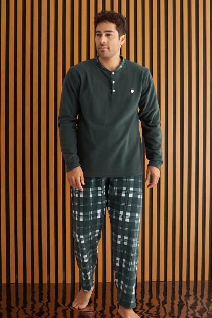 Yeşil Beyaz Ekose Desenli Polar Erkek Pijama Takımı - Pijamaevi (1)