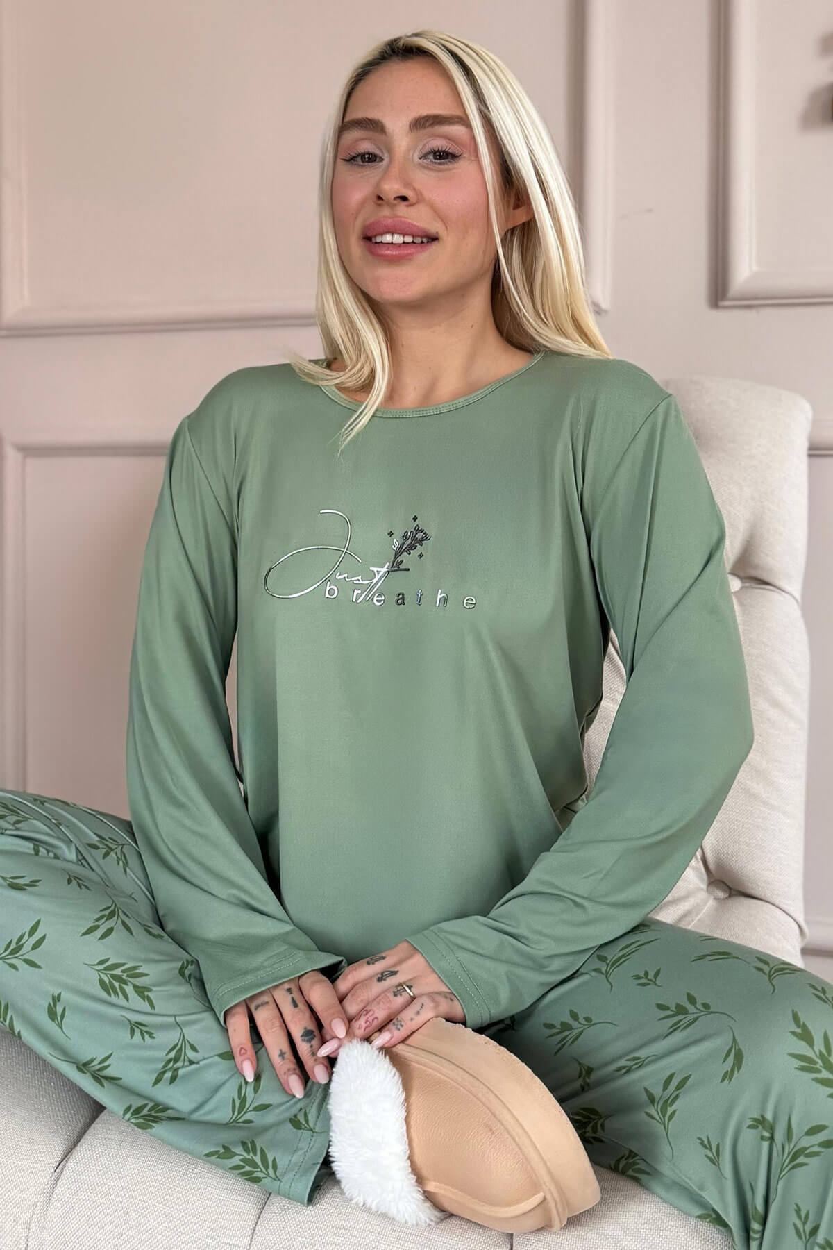 Yeşil Breathe Desenli Bambu Uzun Kol Kadın Pijama Takımı