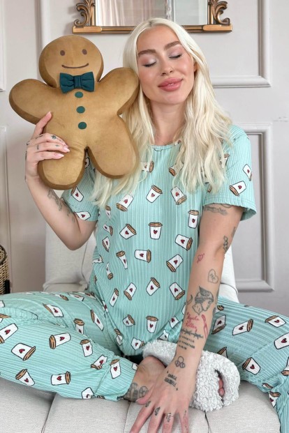 Yeşil Coffee Desenli Kısa Kol Örme Zincir Kadın Pijama Takımı - Pijamaevi