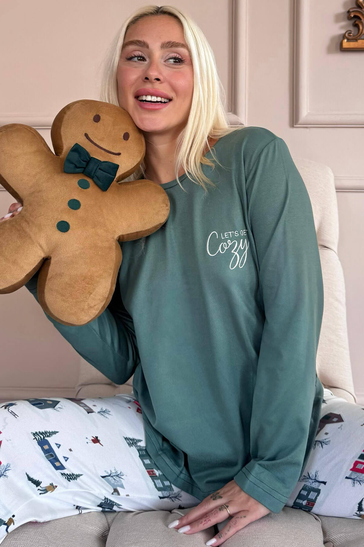Yeşil Cozy Desenli Termal Kadın Pijama Takımı