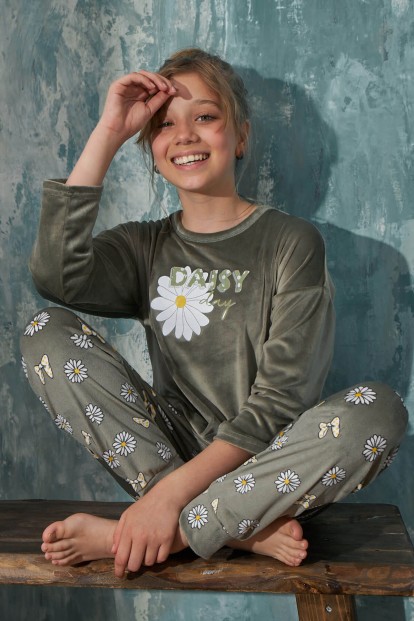 Yeşil Daisy Desenli Exclusive Kadife Kız Çocuk Pijama Takımı  - Pijamaevi