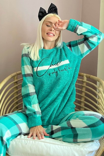 Yeşil Deep Chic Desenli Kadın Peluş Pijama Takımı - Pijamaevi