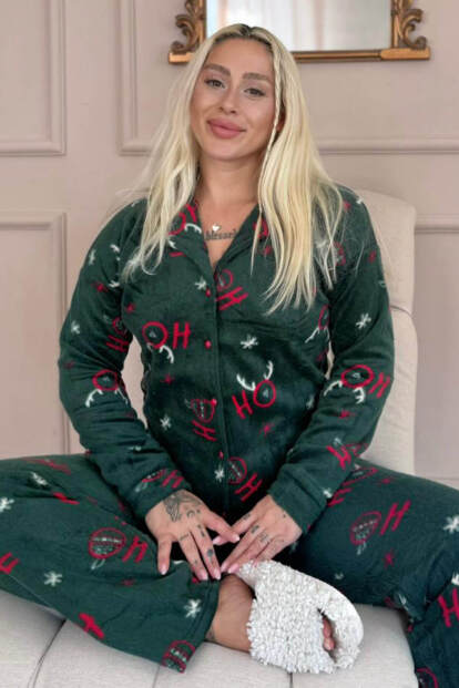 Yeşil Deer Desenli Önden Düğmeli Peluş Polar Pijama Takımı - Pijamaevi