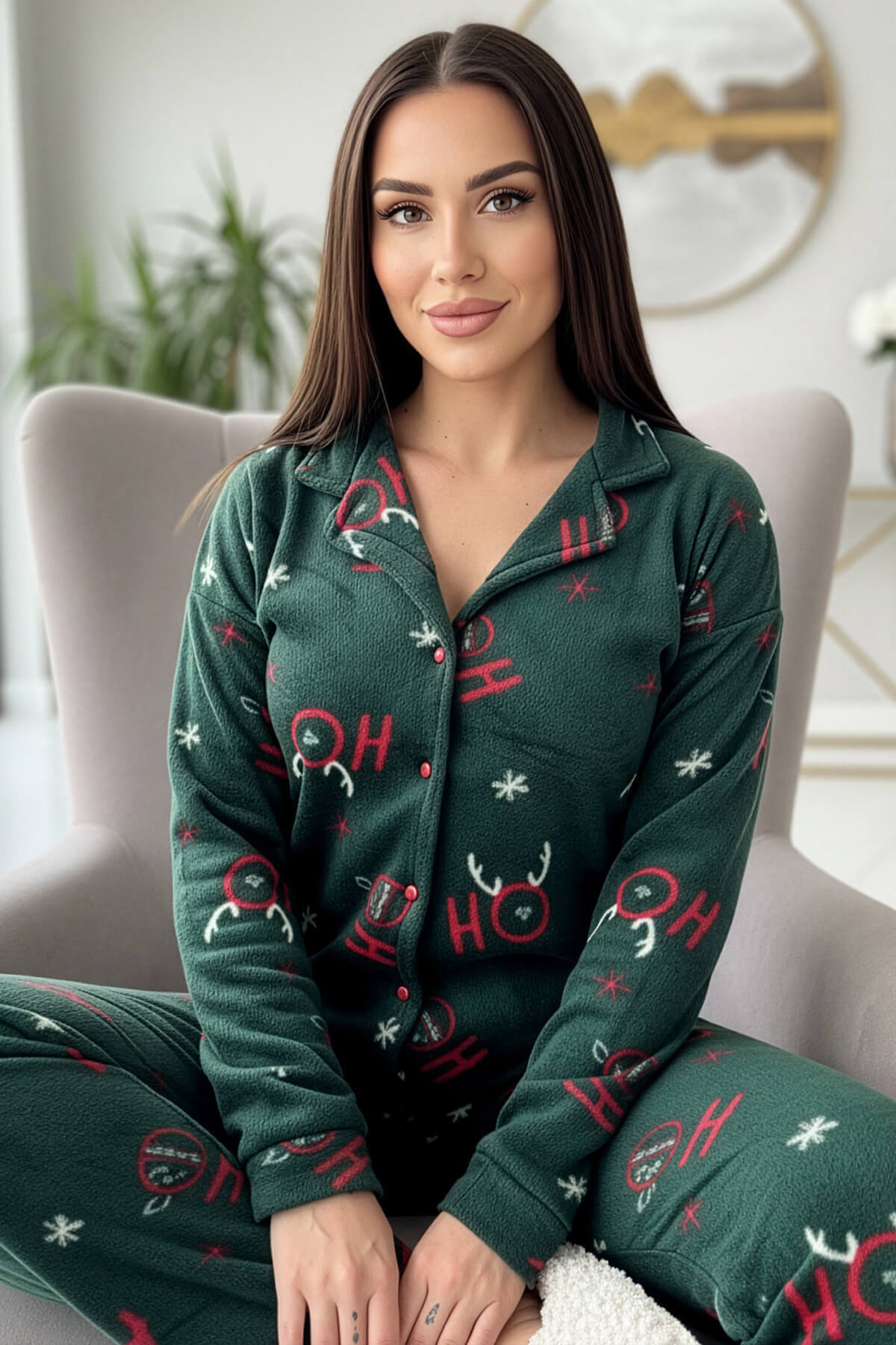Yeşil Deer Desenli Önden Düğmeli Peluş Polar Pijama Takımı