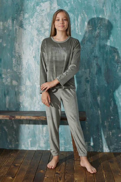 Yeşil Dream Desenli Exclusive Kadife Kız Çocuk Pijama Takımı  - Pijamaevi (1)